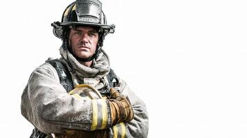 A firefighter is standing with his arms crossed photo