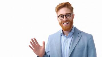 A man with a red beard and glasses is waving photo