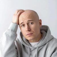 A bald man in a grey sweatshirt photo