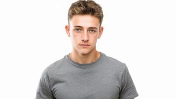 A young man in a gray t - shirt photo