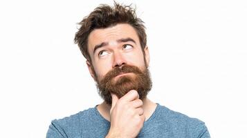 A man with a beard and a thought on his face photo