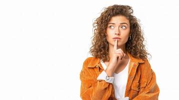 A woman with a finger on her lips photo