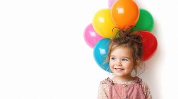 A little girl is holding a bunch of colorful balloons photo