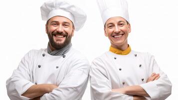 Two chefs posing for a photo on a white background