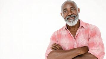 An older man with a beard and a pink shirt photo