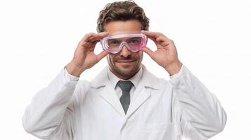 A man in a lab coat is holding up two goggles photo
