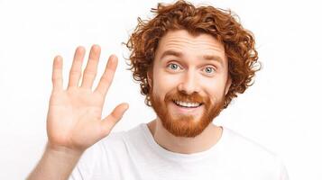 A man with curly hair is making a stop sign photo