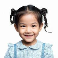 A little girl with pigtails and a blue dress photo
