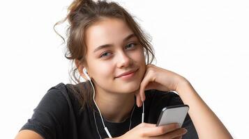 A girl is listening to music on her phone photo