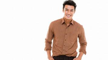 A man in a brown shirt and black pants photo