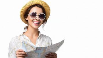 A woman in a hat and sunglasses holding a map photo