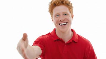 A man in a red shirt is smiling and pointing photo