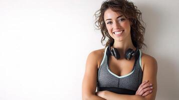 A woman wearing headphones and a sports bra photo