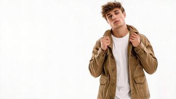 A man in a brown jacket and white shirt photo