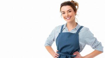 A woman in an apron posing for the camera photo