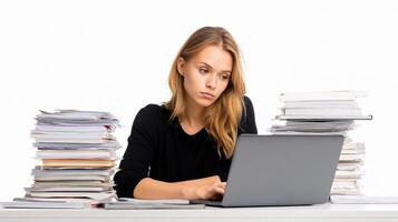 A woman sitting at a desk with a laptop and a stack of papers photo