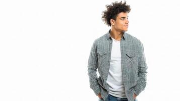 A young man is standing with his hands on his hips photo