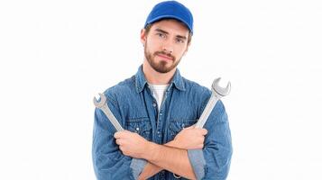 A man in a blue hat holding a wrench photo