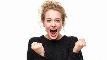 A woman is making a fist with her mouth open photo
