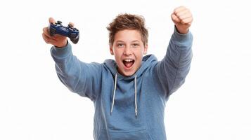 A boy holding a game controller photo