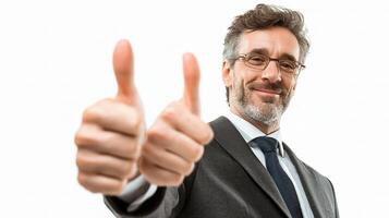 A man in a suit and tie giving a thumbs up photo