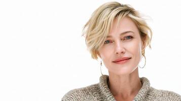 A woman with short blonde hair and a sweater photo