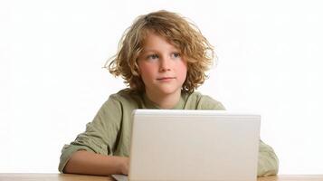A young boy sitting at a table with a laptop photo