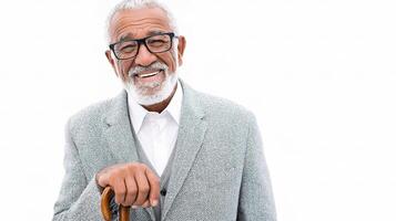An older man with glasses and a cane photo