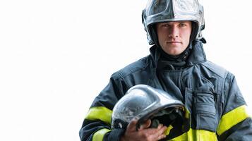A firefighter is holding a helmet photo