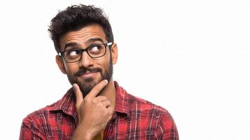 A man with glasses and a red shirt is thinking photo