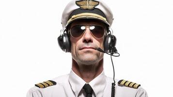 A man in a pilot's uniform with headphones on photo