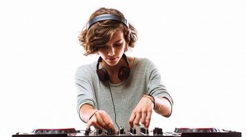 A young woman is playing music on a dj mixer photo