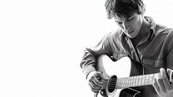 A man is playing an acoustic guitar in black and white photo