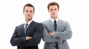 Two men in suits standing together against a white background photo