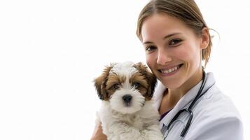 A woman in a white coat holding a small dog photo
