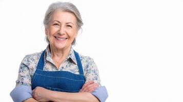 An older woman with an apron and blue shirt photo