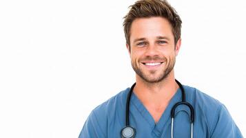 A smiling male doctor wearing a scrub suit photo