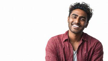 A man smiles while standing in front of a white background photo
