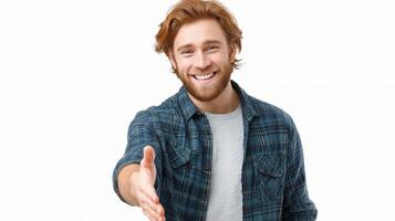 A man is smiling and holding out his hand photo