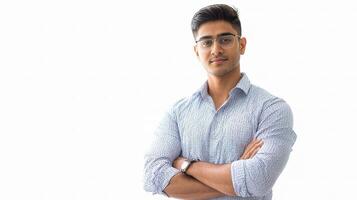 A man in glasses and a shirt standing with his arms crossed photo