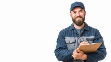 A man with a beard and blue hat holding a clipboard photo