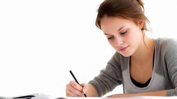 A woman is writing in a notebook while sitting at a desk photo