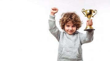 A young boy holding up a trophy photo