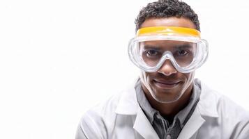A man in a lab coat and goggles photo