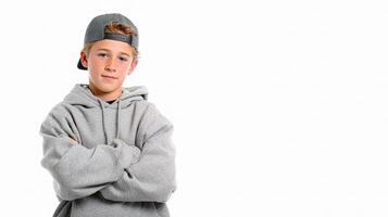 A boy in a grey hoodie and cap photo