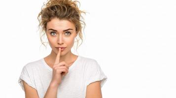 A woman is making a hush hush gesture photo