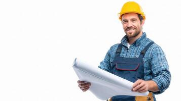 A man in overalls holding a blueprint photo
