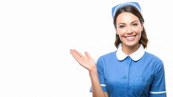 A smiling nurse is holding up her hand photo