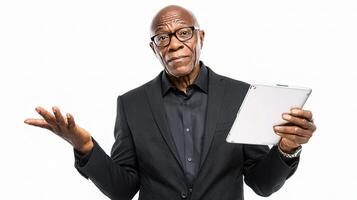 An older black man holding a tablet computer photo