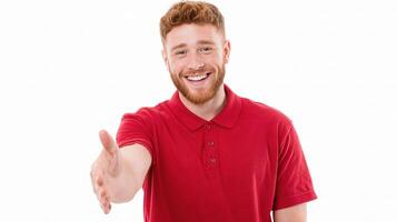 A man in a red shirt is giving a thumbs up photo
